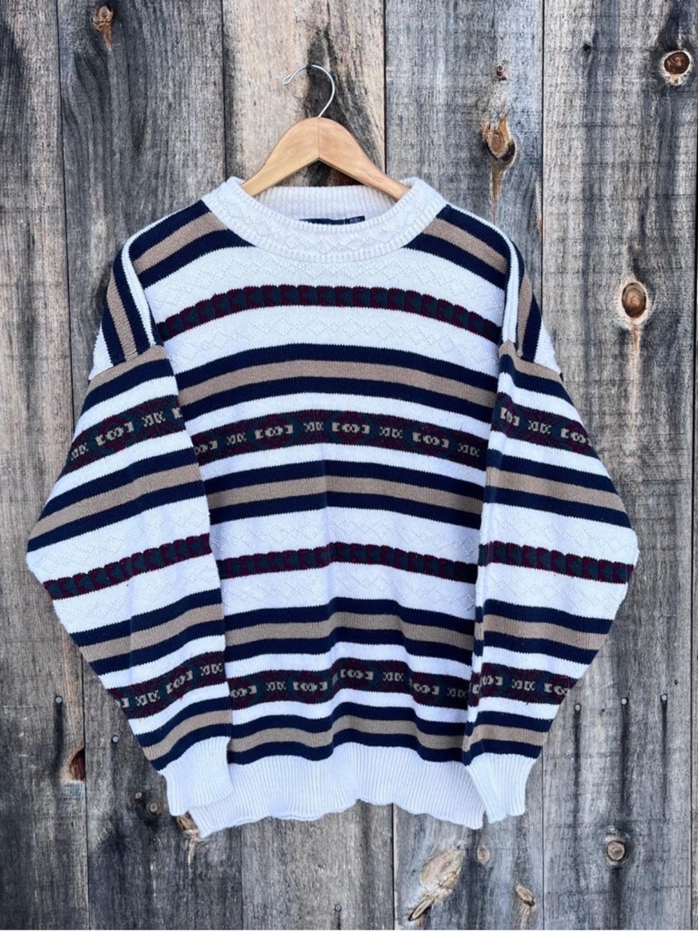 Men's Striped Crewneck Sweater in White, Navy & Tan